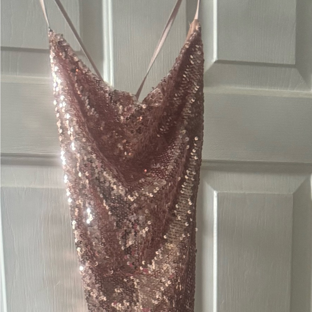Beautiful sequin maxi dress.  Backless with adjustable ties.  Rose gold color.